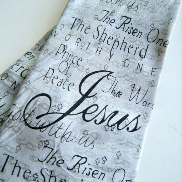 Jesus Silk Tie Christian Themed Light Gray - Picture 6 of 6